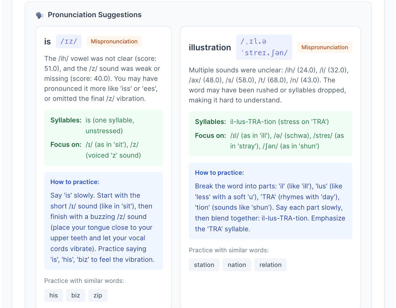 AI pronunciation suggestions with syllable breakdown