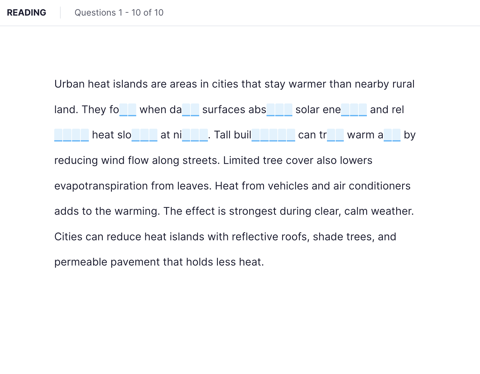 TOEFL 26 Reading — Complete the Words task interface