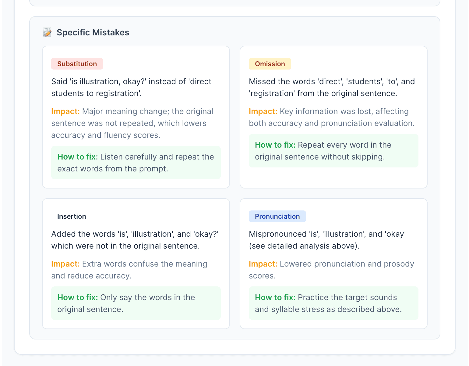 AI Speaking feedback — specific mistakes analysis
