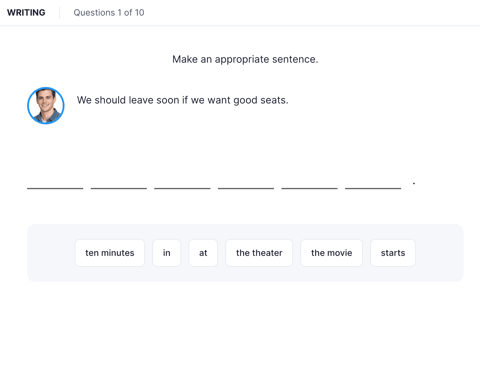 TOEFL 26 Writing — Build a Sentence task interface