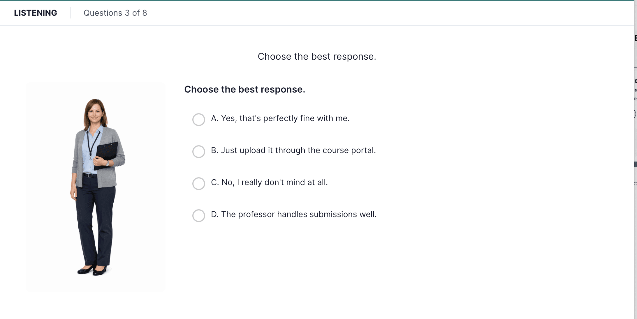 Choose a Response 听力题截图,展示一段对话提示及四个多选回应选项