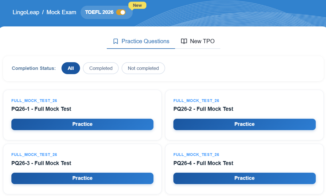 Lingoleap Full TOEFL Mock Test (FULL_MOCK_TEST_26) — full-length 2026 iBT simulation