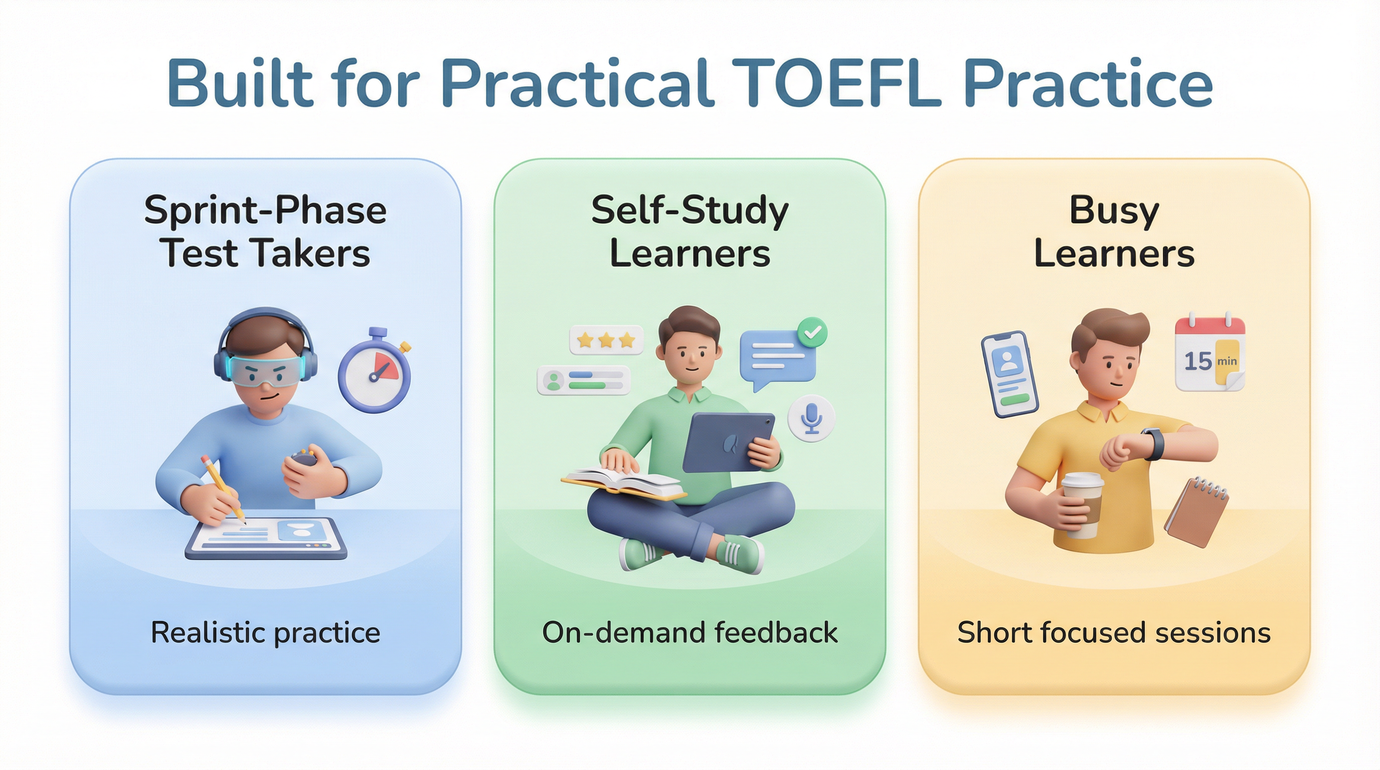 Three TOEFL learner profiles built for practical practice — Sprint-Phase Test Takers for realistic practice, Self-Study Learners for on-demand feedback, Busy Learners for short focused sessions