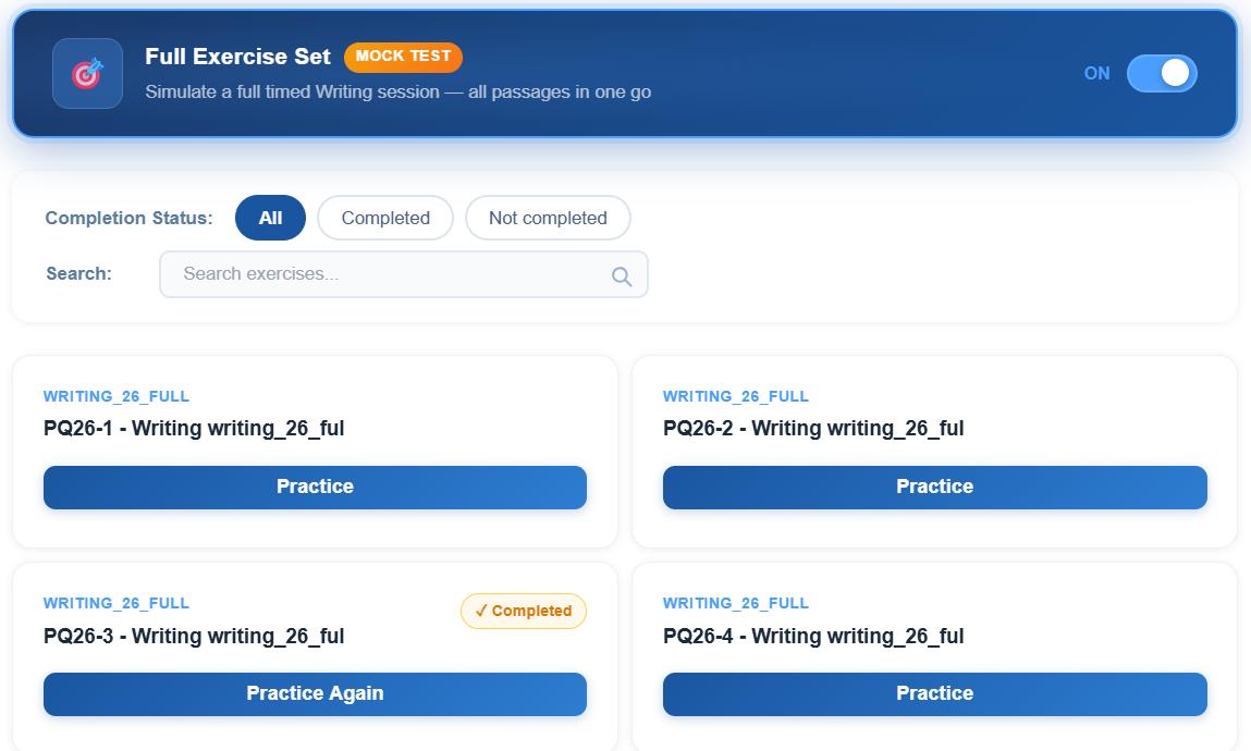 Lingoleap TOEFL section-based practice — full timed section of Writing, Reading, Listening, or Speaking