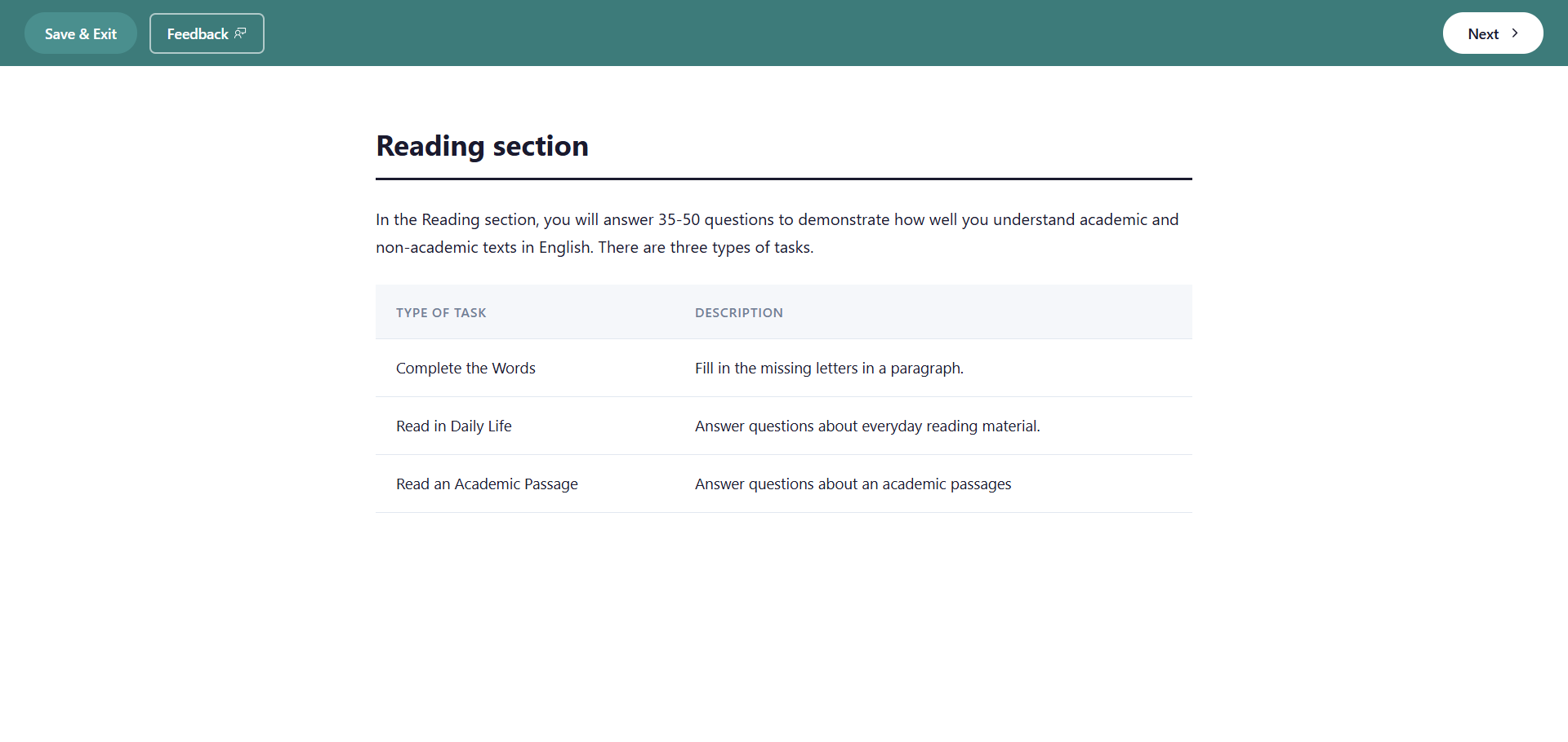 Lingoleap Reading section intro showing the three 2026 task types — Complete the Words, Read in Daily Life, Read an Academic Passage