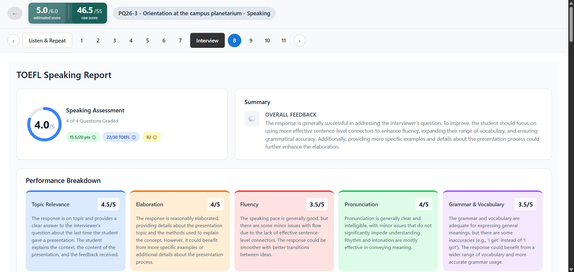 Lingoleap TOEFL Speaking AI feedback report for a Take an Interview response — overall band 4.0, Topic Relevance, Elaboration, Fluency, Pronunciation, Grammar & Vocabulary scored against the ETS rubric