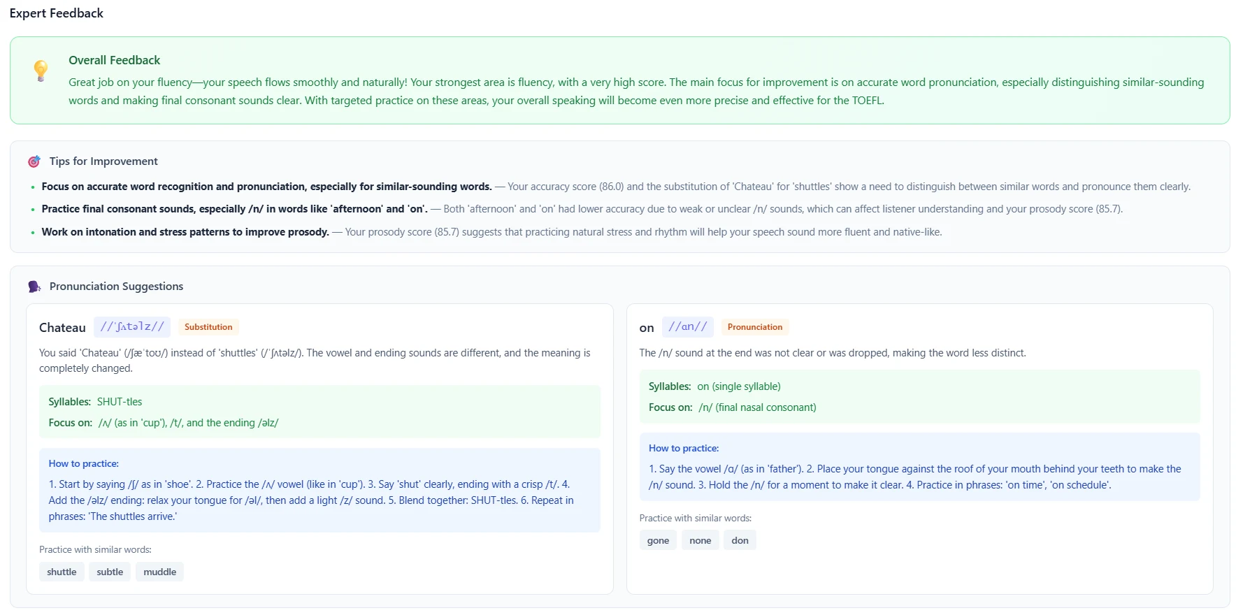 LingoLeap Speaking AI feedback report — Expert Feedback panel showing overall feedback on fluency, naturalness, and pronunciation, plus per-word pronunciation suggestions for Chateau and set with syllable breakdown, focus area, common errors, and practice prompts