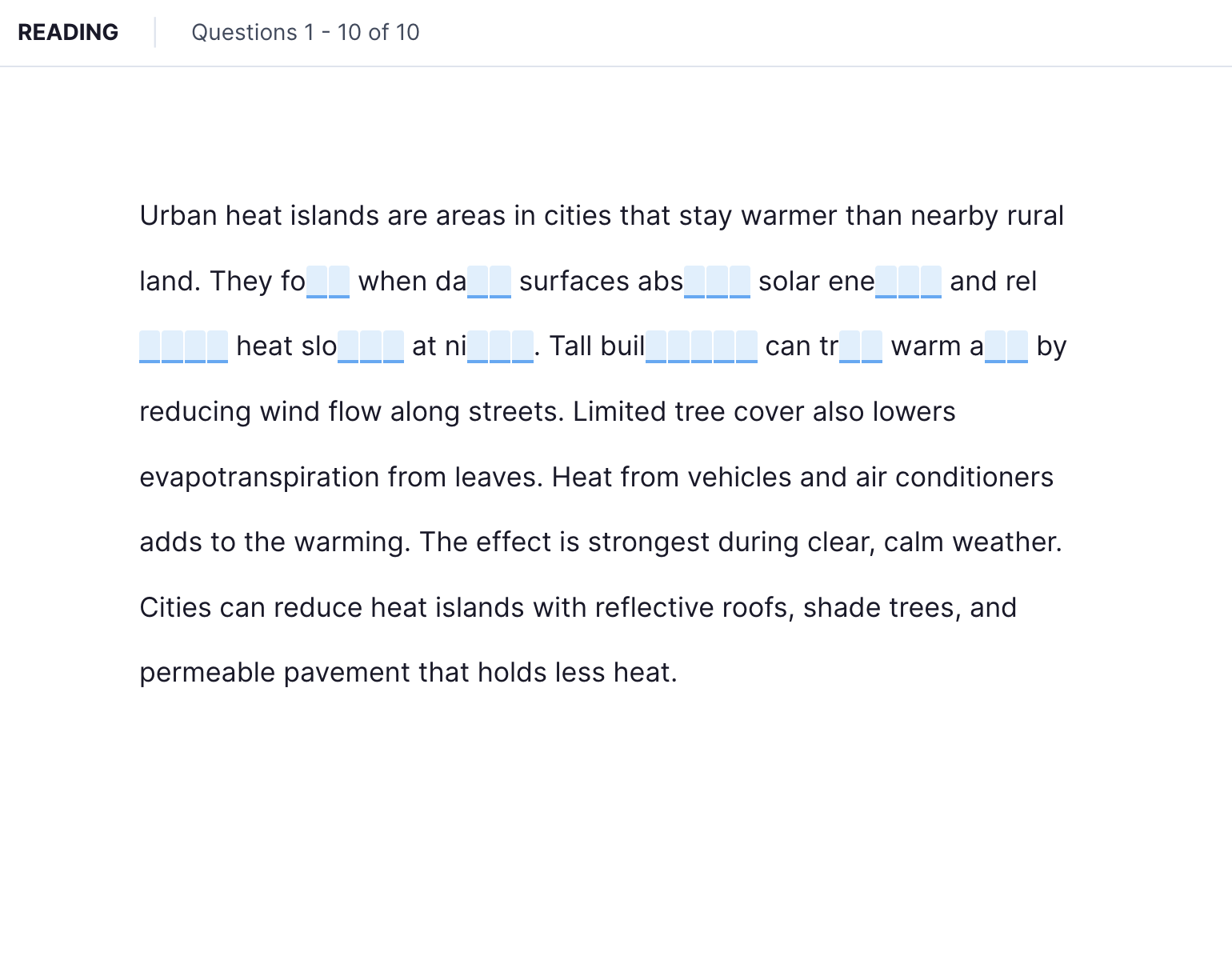 TOEFL 26 Reading — Complete the Words task interface