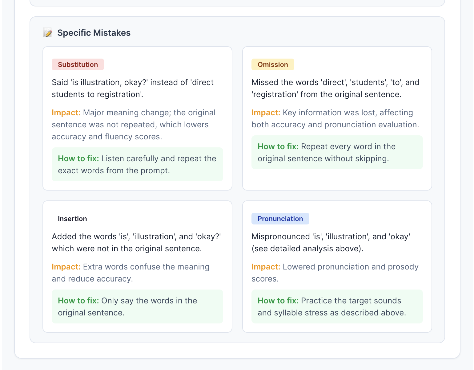AI Speaking feedback — specific mistakes analysis