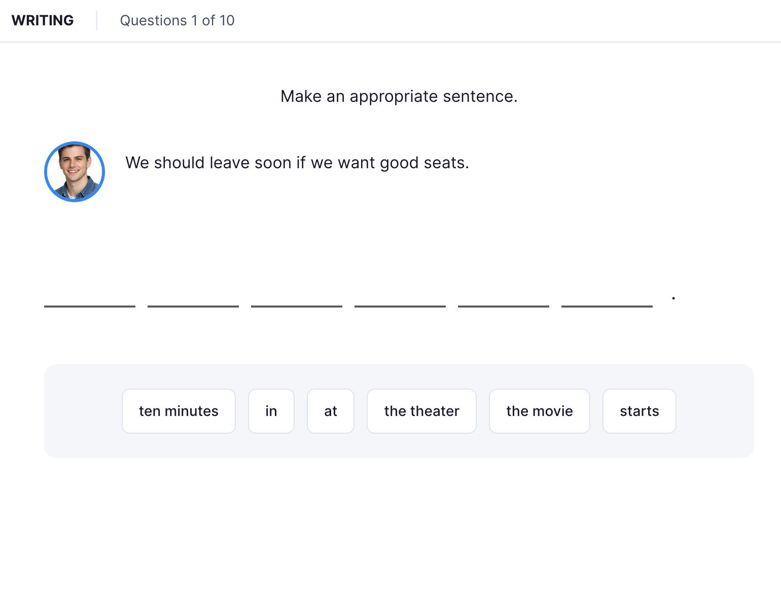 TOEFL 26 Writing — Build a Sentence task interface